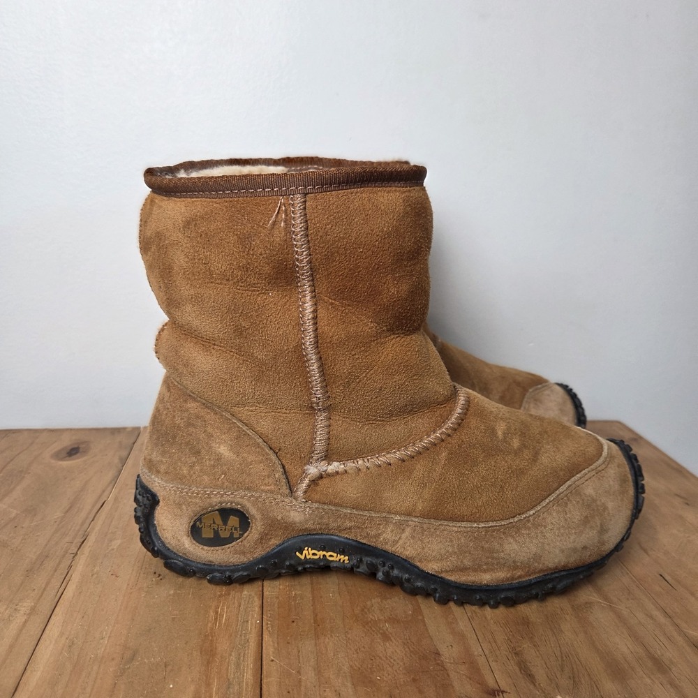 Merrell Winter Boots Womens 8 8.5 Mens 6.5 7 Brown Suede Shearling Vibram 274820